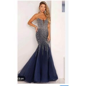 NWT Terani Couture 1921E0134 Navy Silver Beaded Mermaid Prom Gown Size 4
